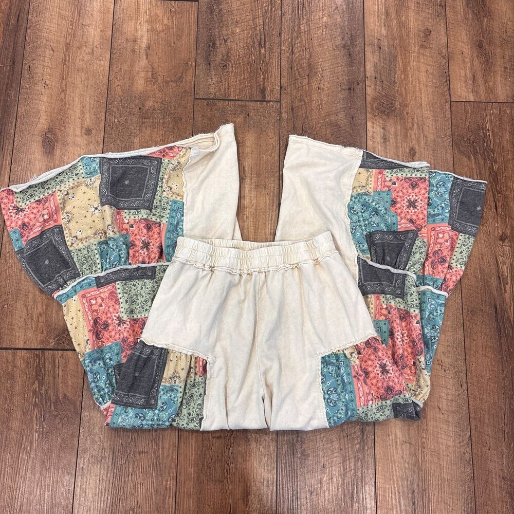J.Her Bandana Patchwork Bell Bottom Pants Sz S Boho Hippie Wide Leg Mineral Wash